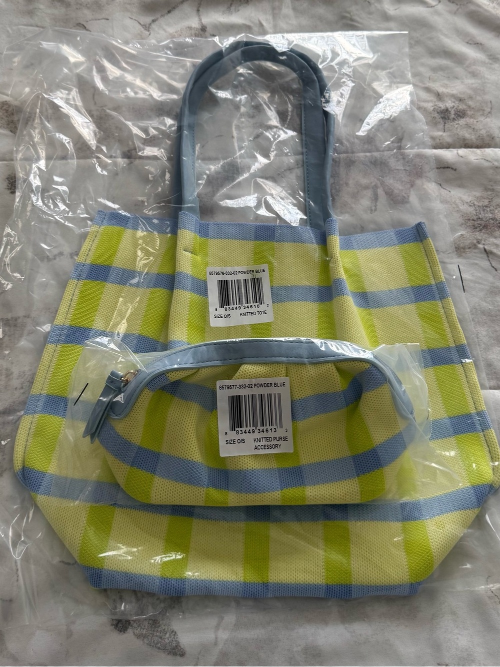 NWT Neiman Marcus Powder Blue & Lime Plaid Knit Tote with Pouch, 13x11 and 9x4